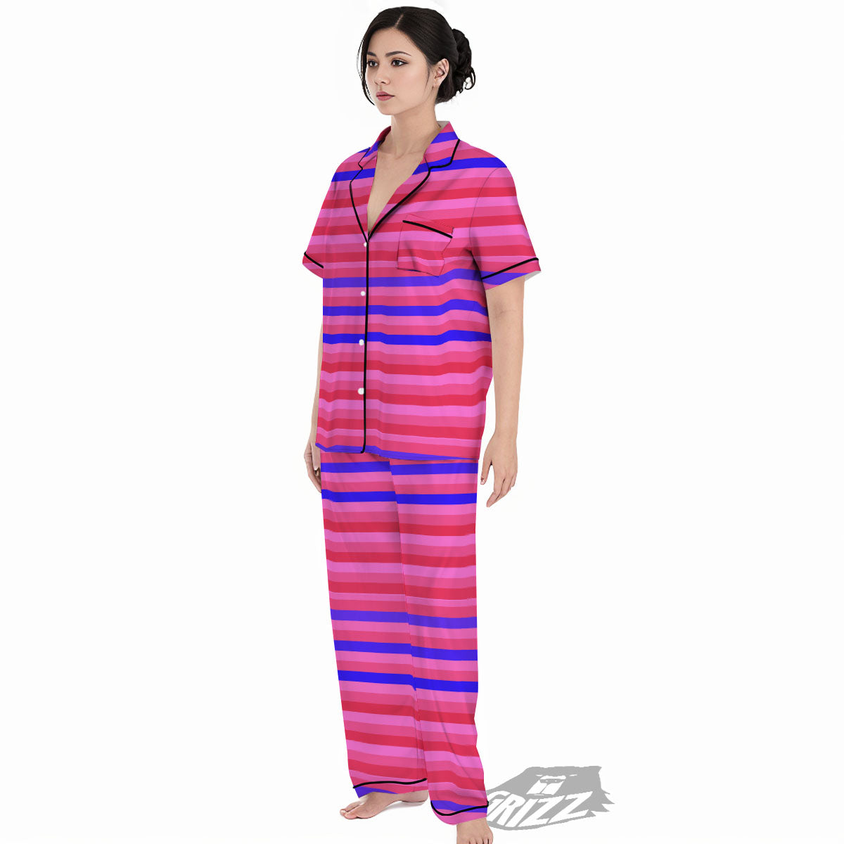 Stripes Pink Red And Blue Print Women's Pajamas Set-grizzshop