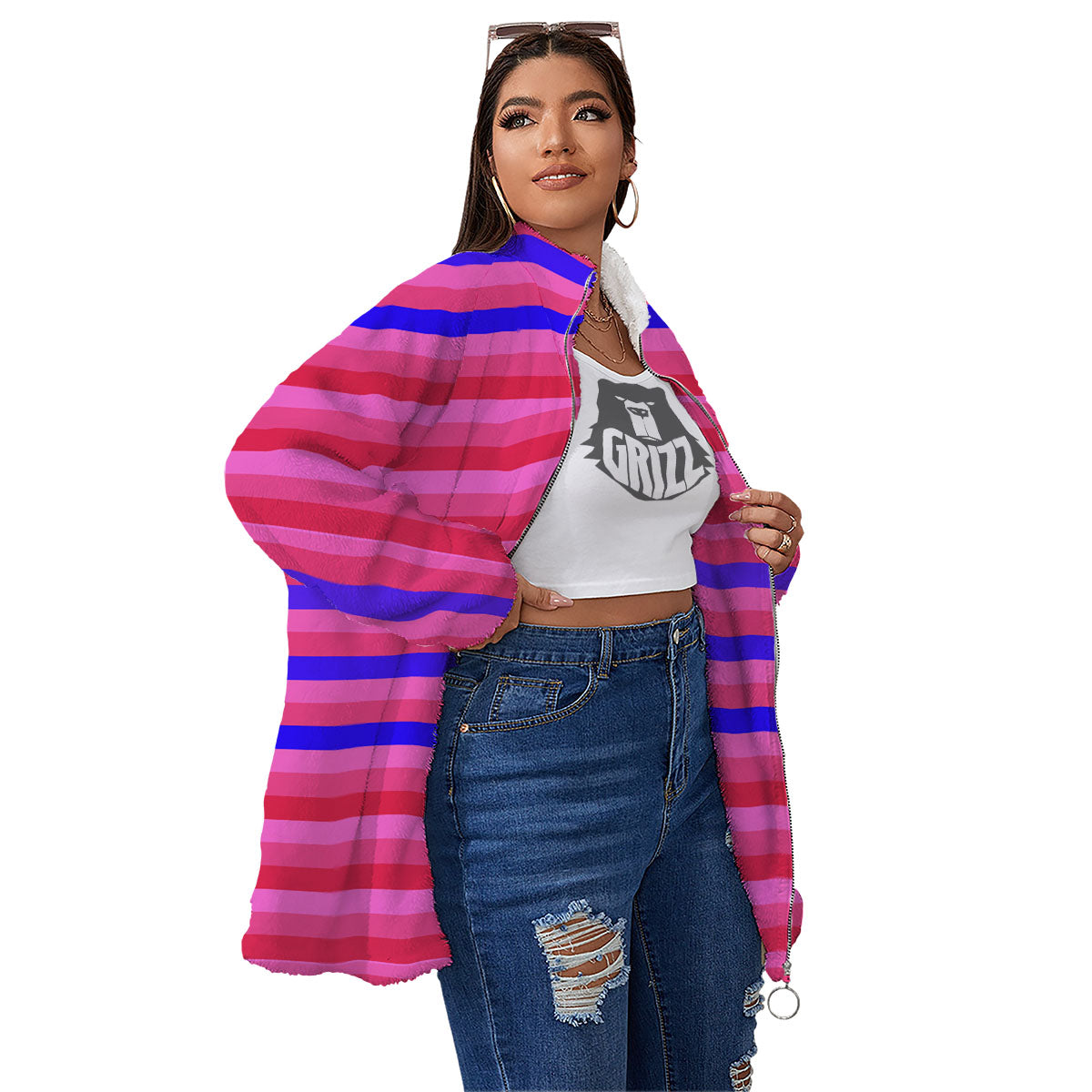 Stripes Pink Red And Blue Print Women's Sherpa Jacket-grizzshop