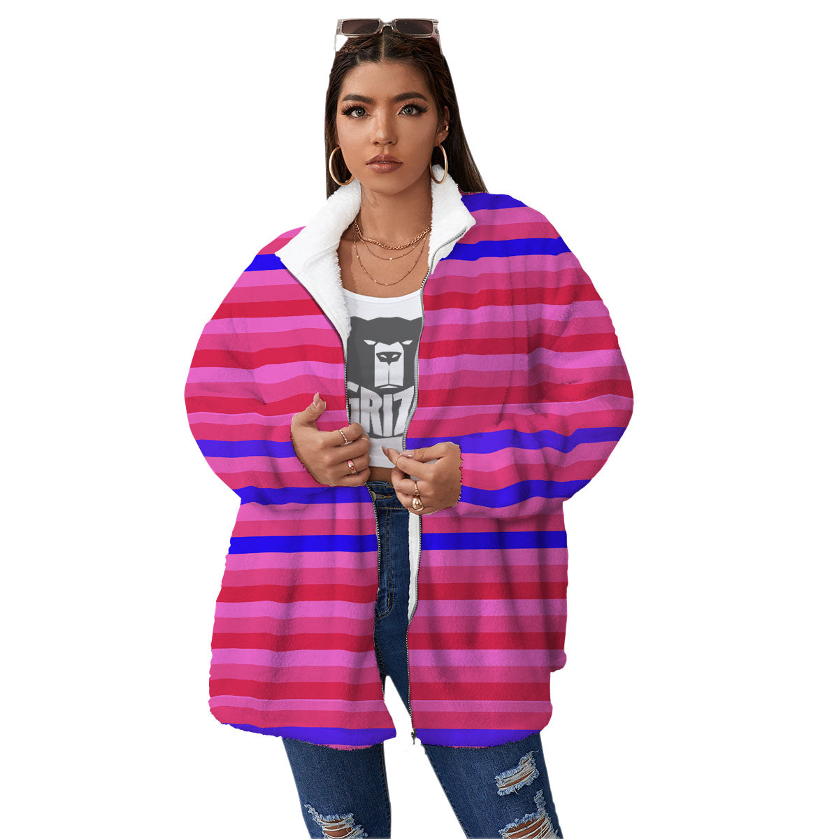 Stripes Pink Red And Blue Print Women's Sherpa Jacket-grizzshop
