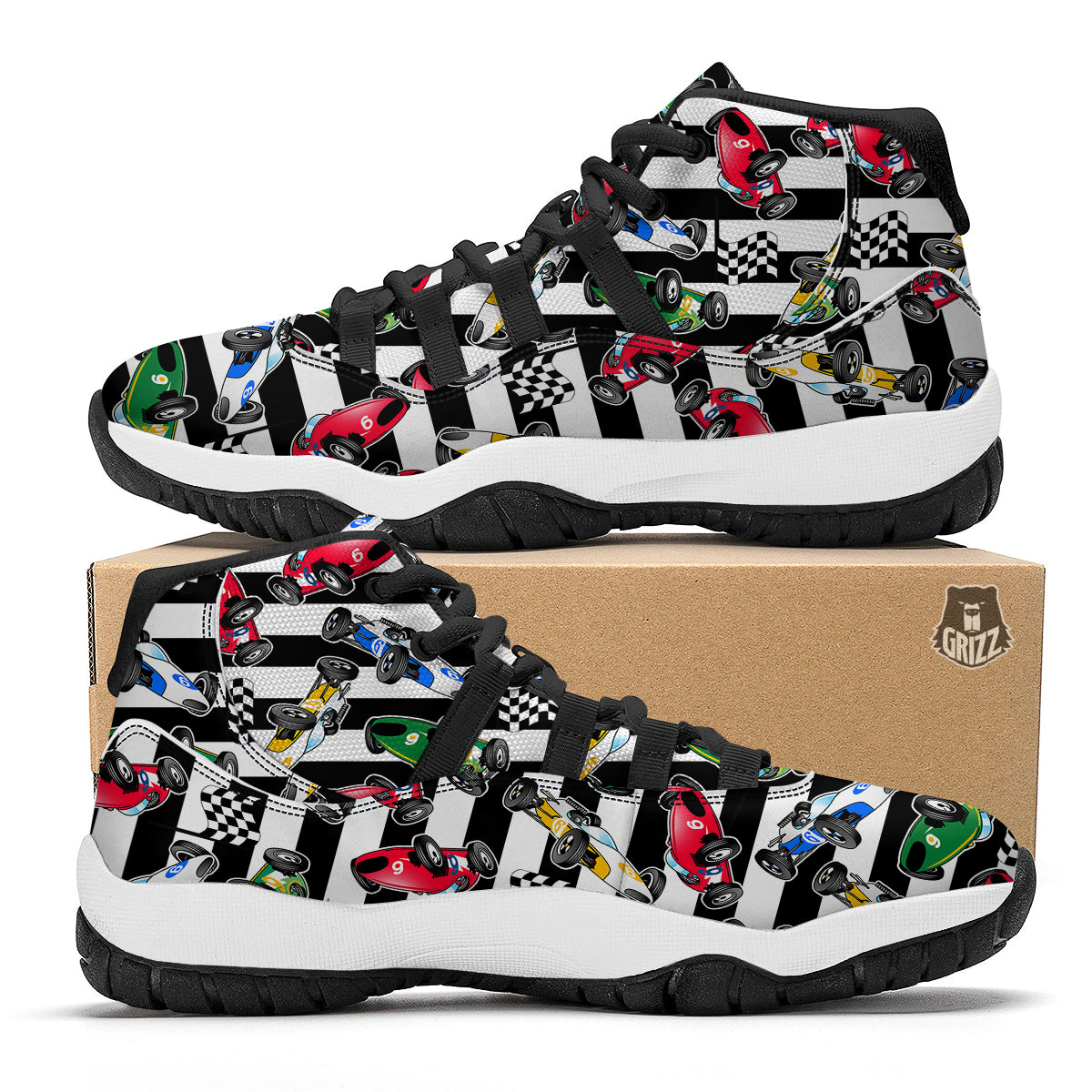 Stripes Racing Cars Print Pattern Black Bball Shoes-grizzshop