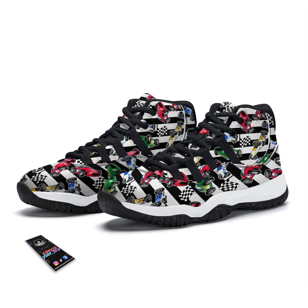 Stripes Racing Cars Print Pattern Black Bball Shoes-grizzshop