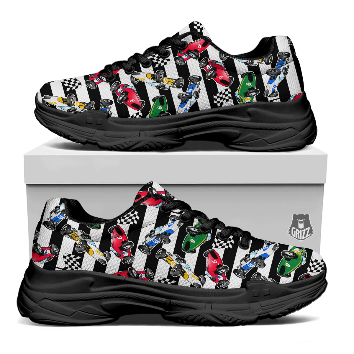 Stripes Racing Cars Print Pattern Black Chunky Shoes-grizzshop