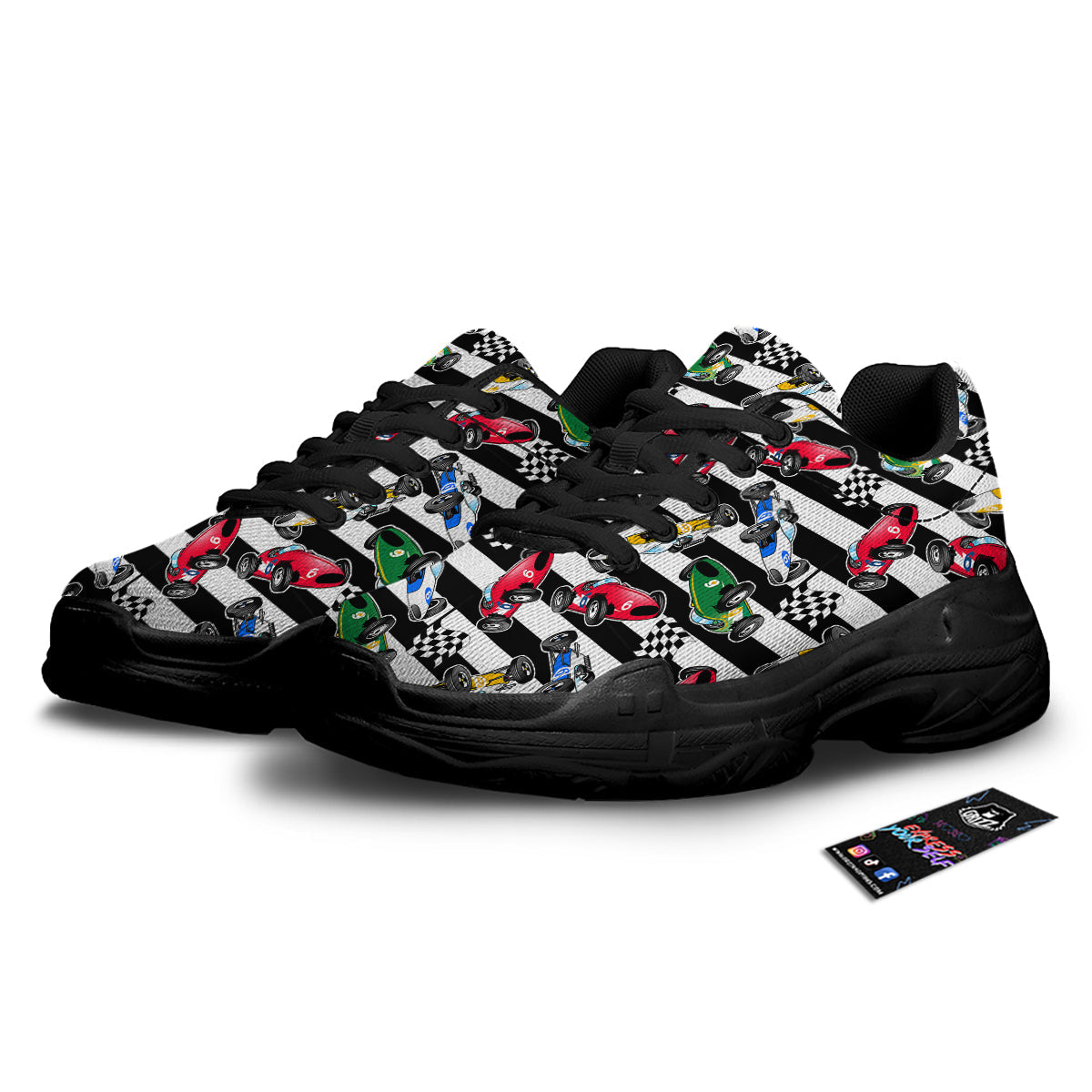Stripes Racing Cars Print Pattern Black Chunky Shoes-grizzshop