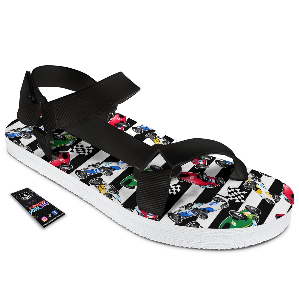 Stripes Racing Cars Print Pattern Black Open Toe Sandals-grizzshop