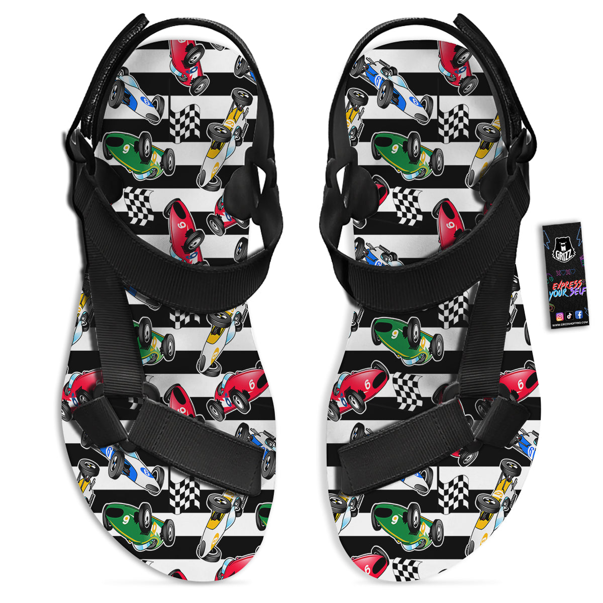 Stripes Racing Cars Print Pattern Black Open Toe Sandals-grizzshop