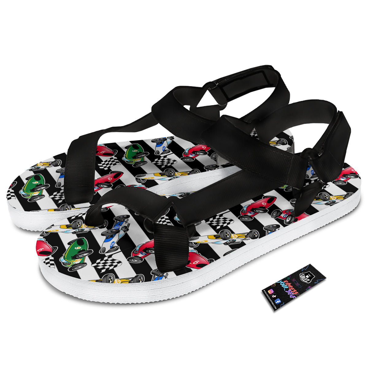 Stripes Racing Cars Print Pattern Black Open Toe Sandals-grizzshop