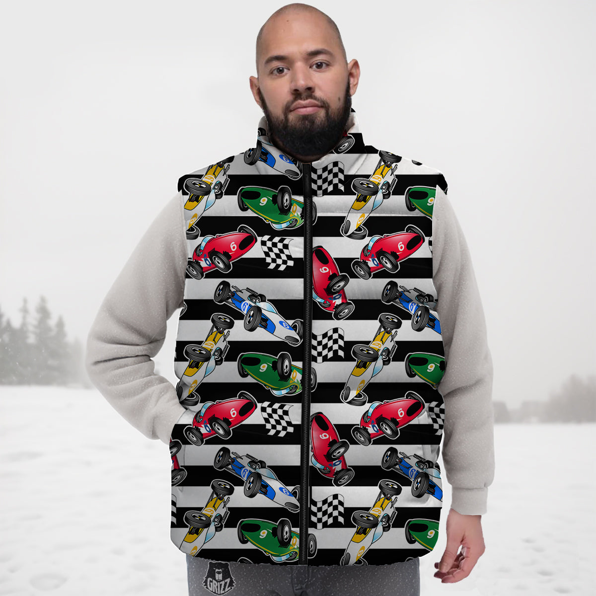 Stripes Racing Cars Print Pattern Down Vest
