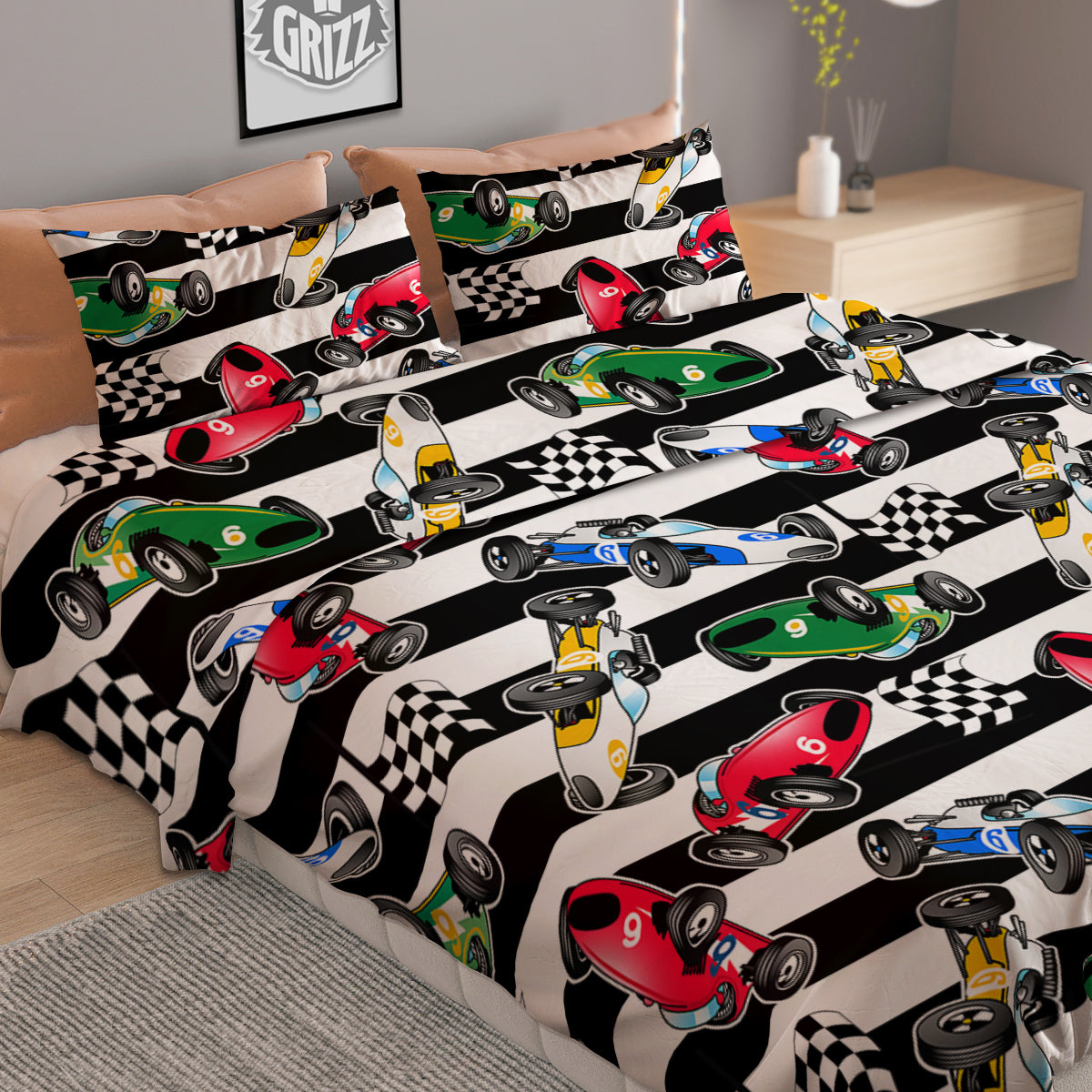 Stripes Racing Cars Print Pattern Duvet Cover Bedding Set