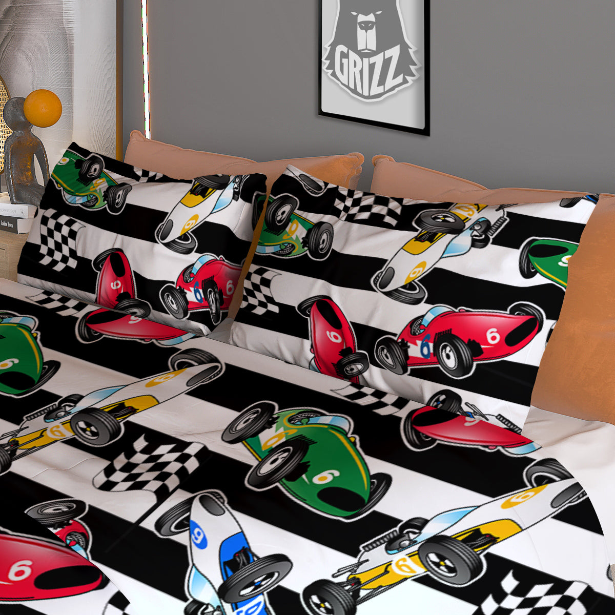 Stripes Racing Cars Print Pattern Duvet Cover Bedding Set