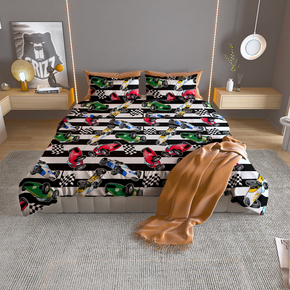 Stripes Racing Cars Print Pattern Duvet Cover Bedding Set