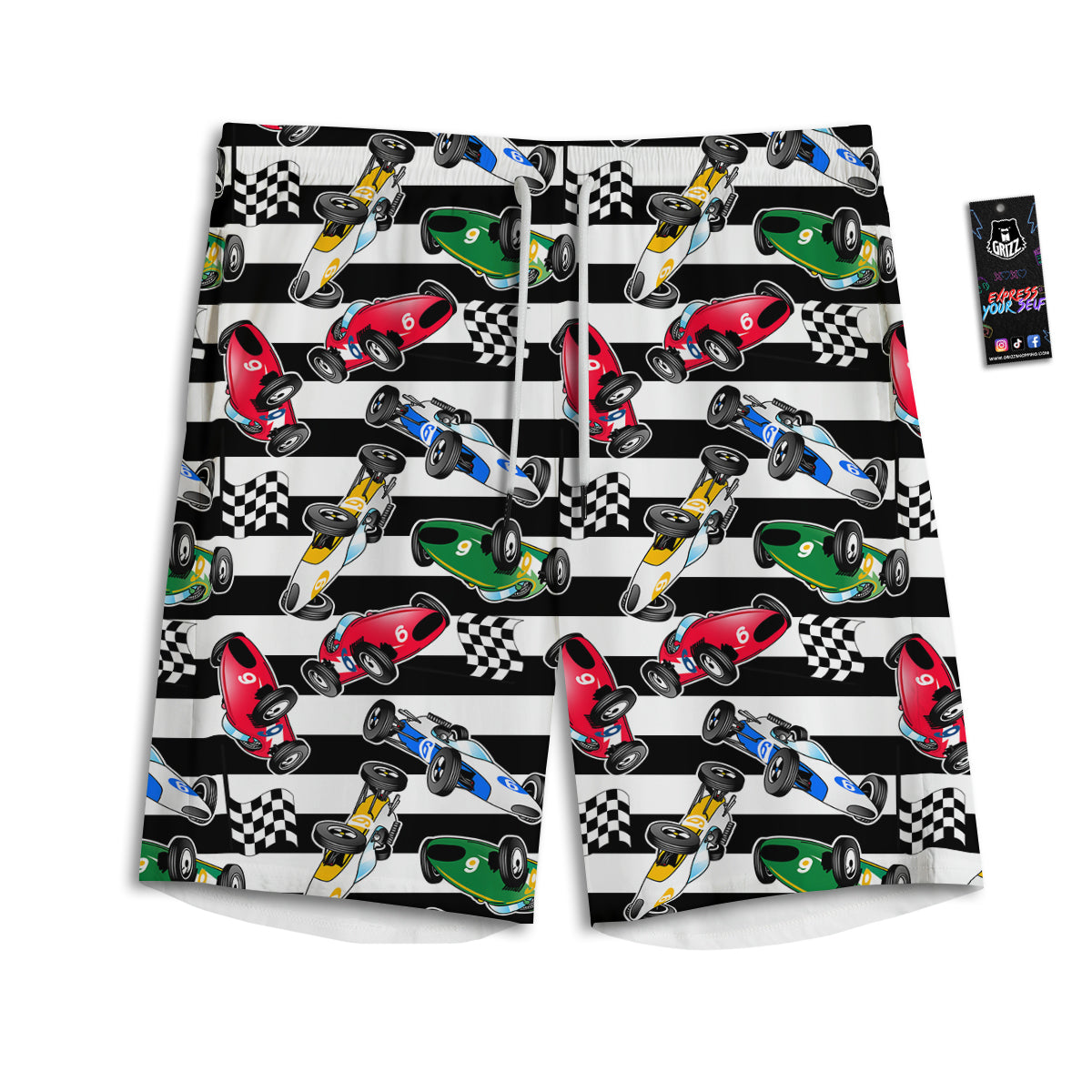 Stripes Racing Cars Print Pattern Men's Athletic Shorts