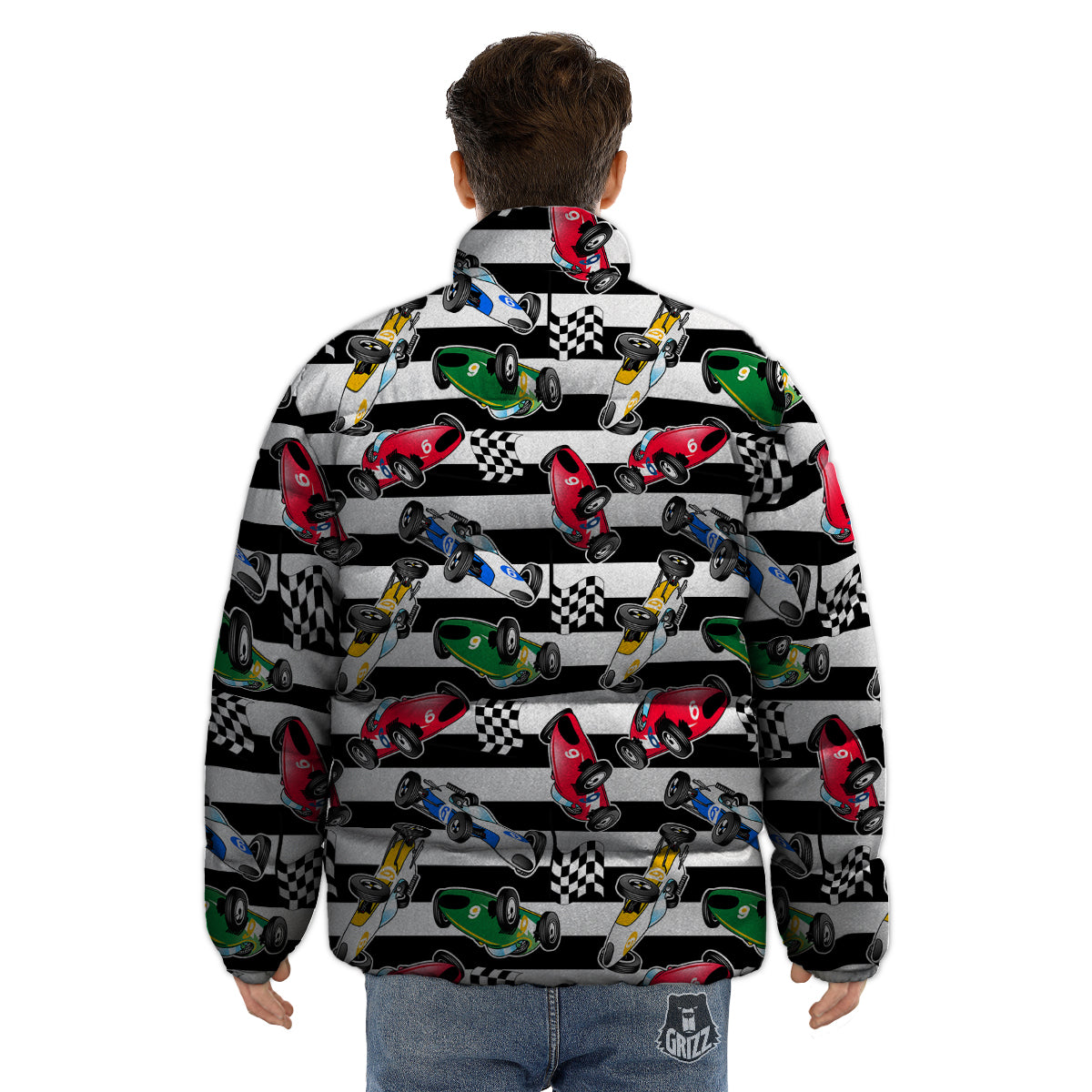 Stripes Racing Cars Print Pattern Puffer Jacket-grizzshop