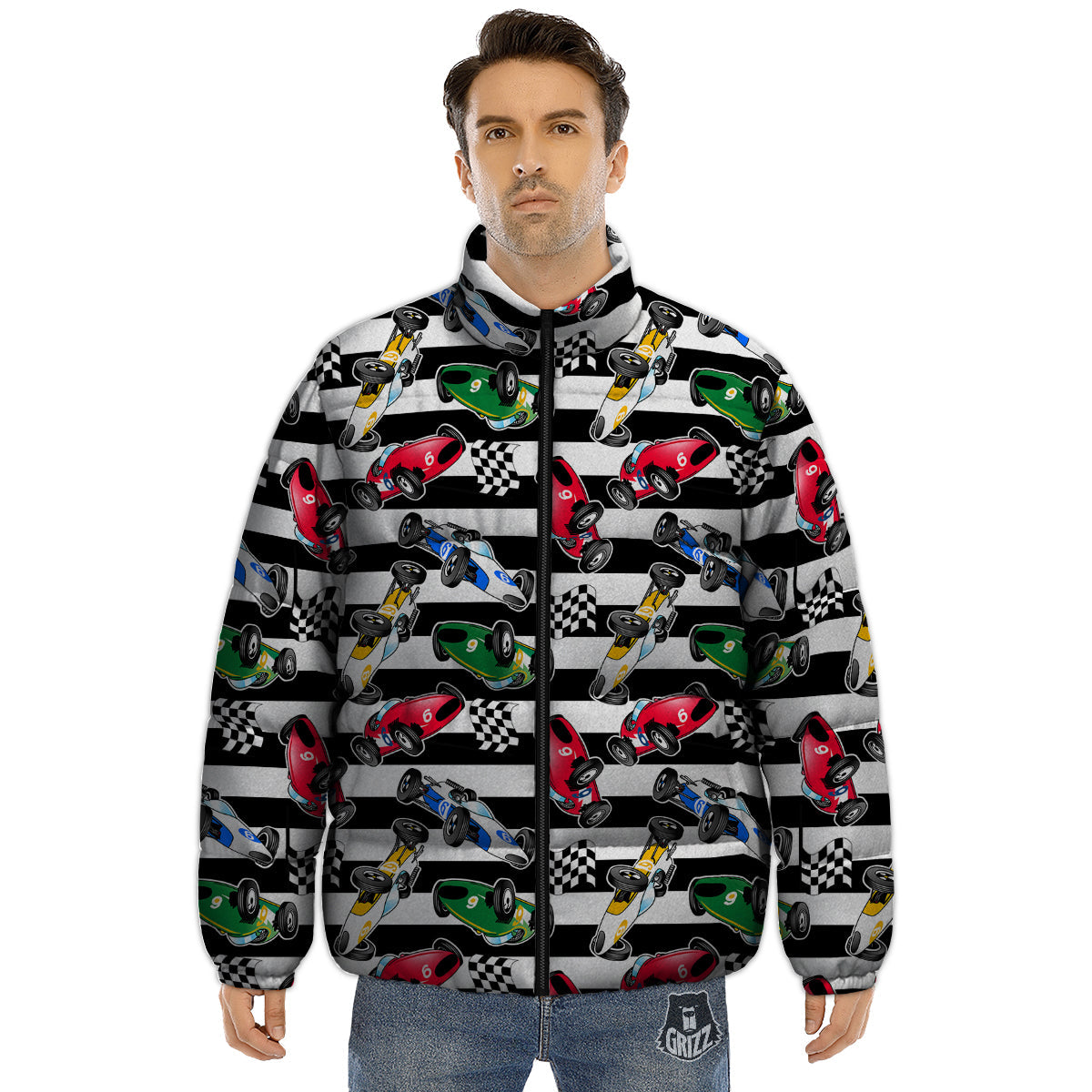 Stripes Racing Cars Print Pattern Puffer Jacket-grizzshop