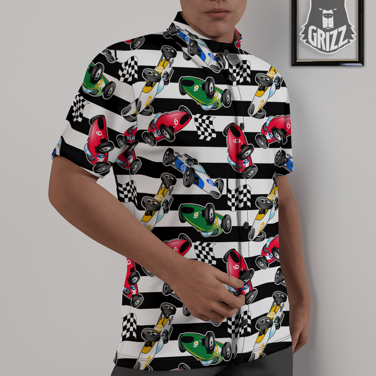 Stripes Racing Cars Print Pattern Untucked Shirts-grizzshop