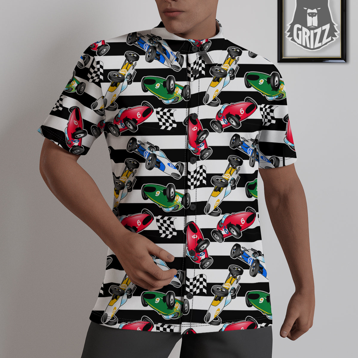 Stripes Racing Cars Print Pattern Untucked Shirts-grizzshop