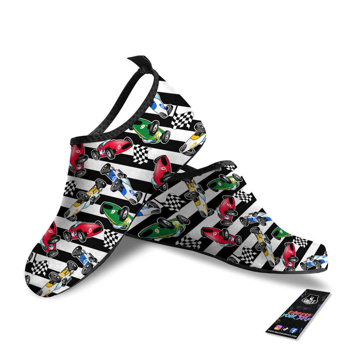 Stripes Racing Cars Print Pattern Water Shoes-grizzshop