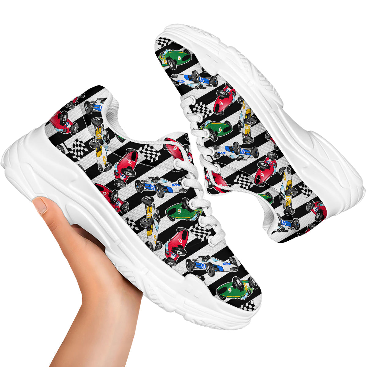 Stripes Racing Cars Print Pattern White Chunky Shoes-grizzshop