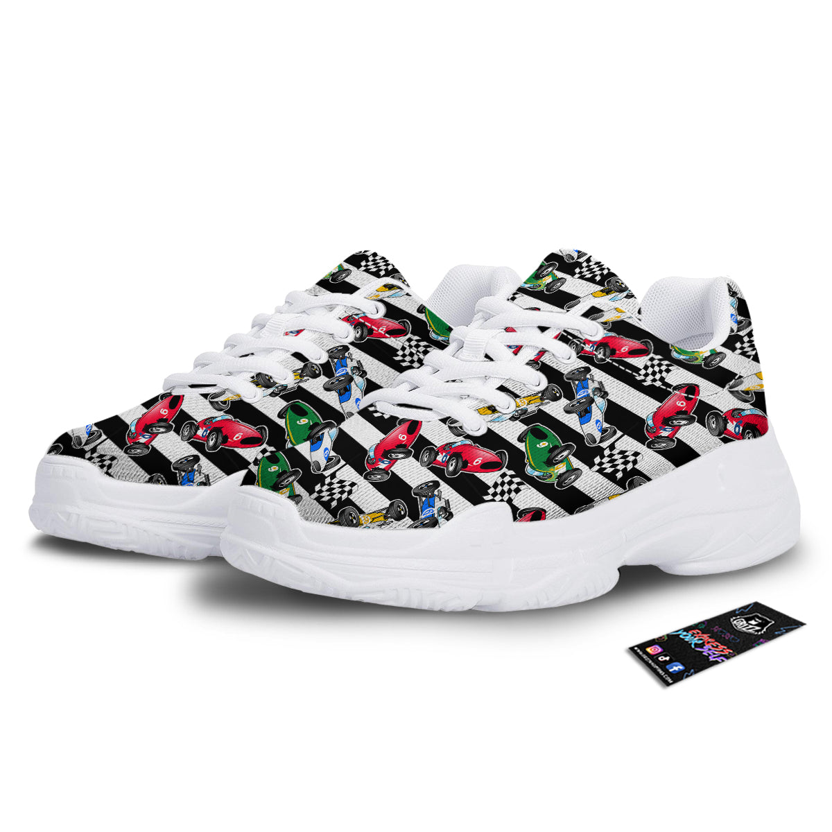Stripes Racing Cars Print Pattern White Chunky Shoes-grizzshop