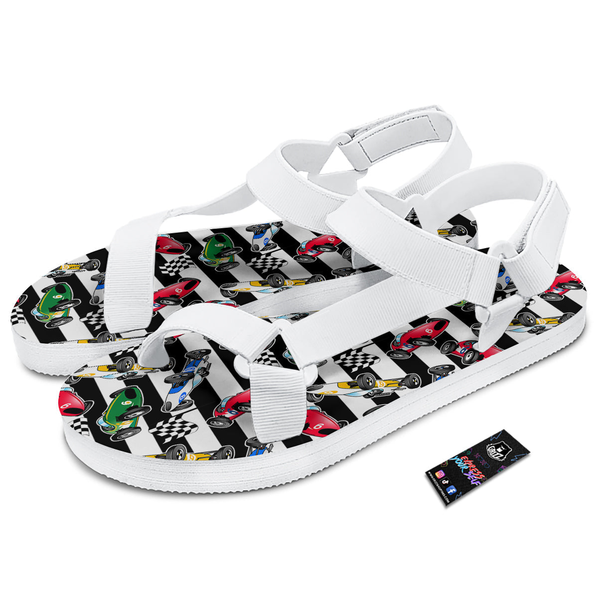 Stripes Racing Cars Print Pattern White Open Toe Sandals-grizzshop