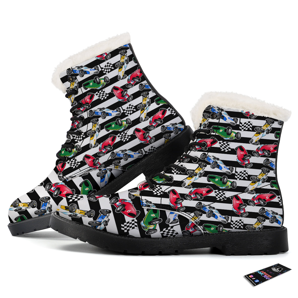 Stripes Racing Cars Print Pattern Winter Boots-grizzshop