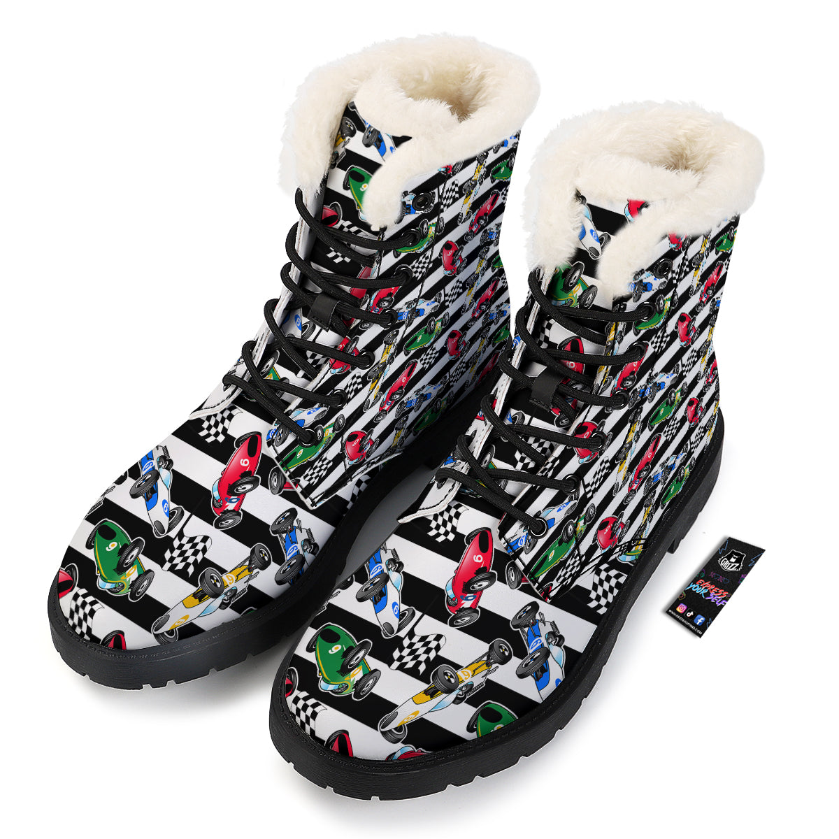 Stripes Racing Cars Print Pattern Winter Boots-grizzshop