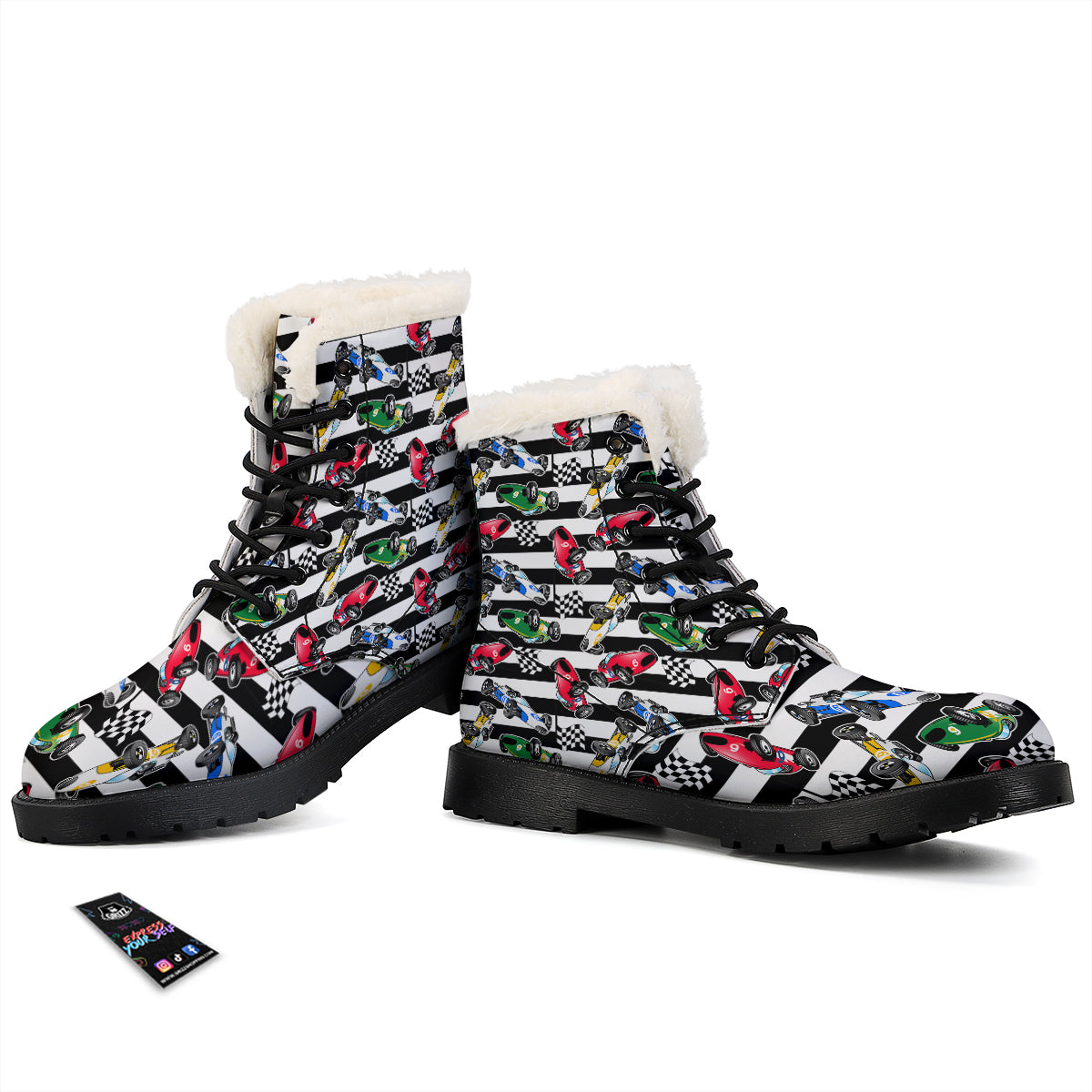 Stripes Racing Cars Print Pattern Winter Boots-grizzshop
