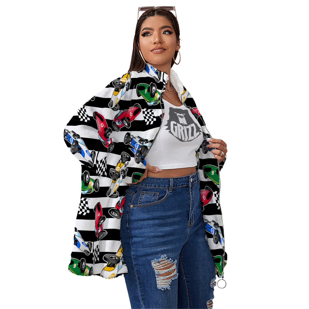 Stripes Racing Cars Print Pattern Women's Sherpa Jacket-grizzshop