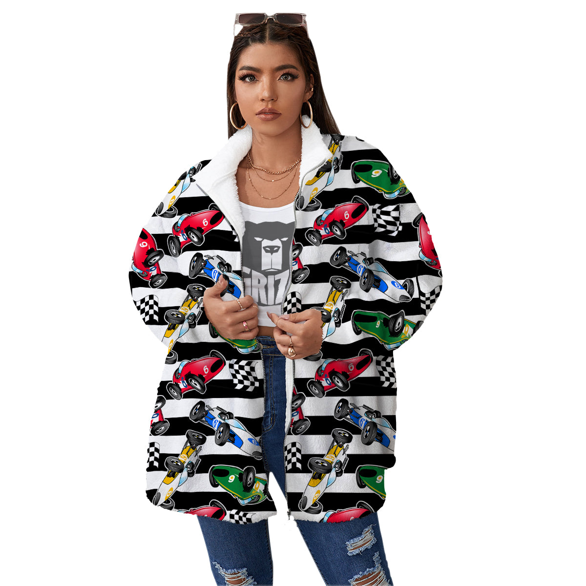 Stripes Racing Cars Print Pattern Women's Sherpa Jacket-grizzshop