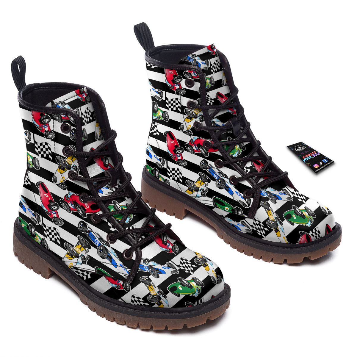 Stripes Racing Cars Print Pattern Work Boots-grizzshop