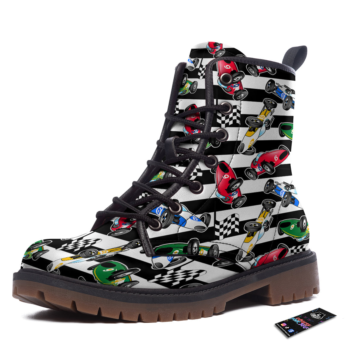 Stripes Racing Cars Print Pattern Work Boots-grizzshop