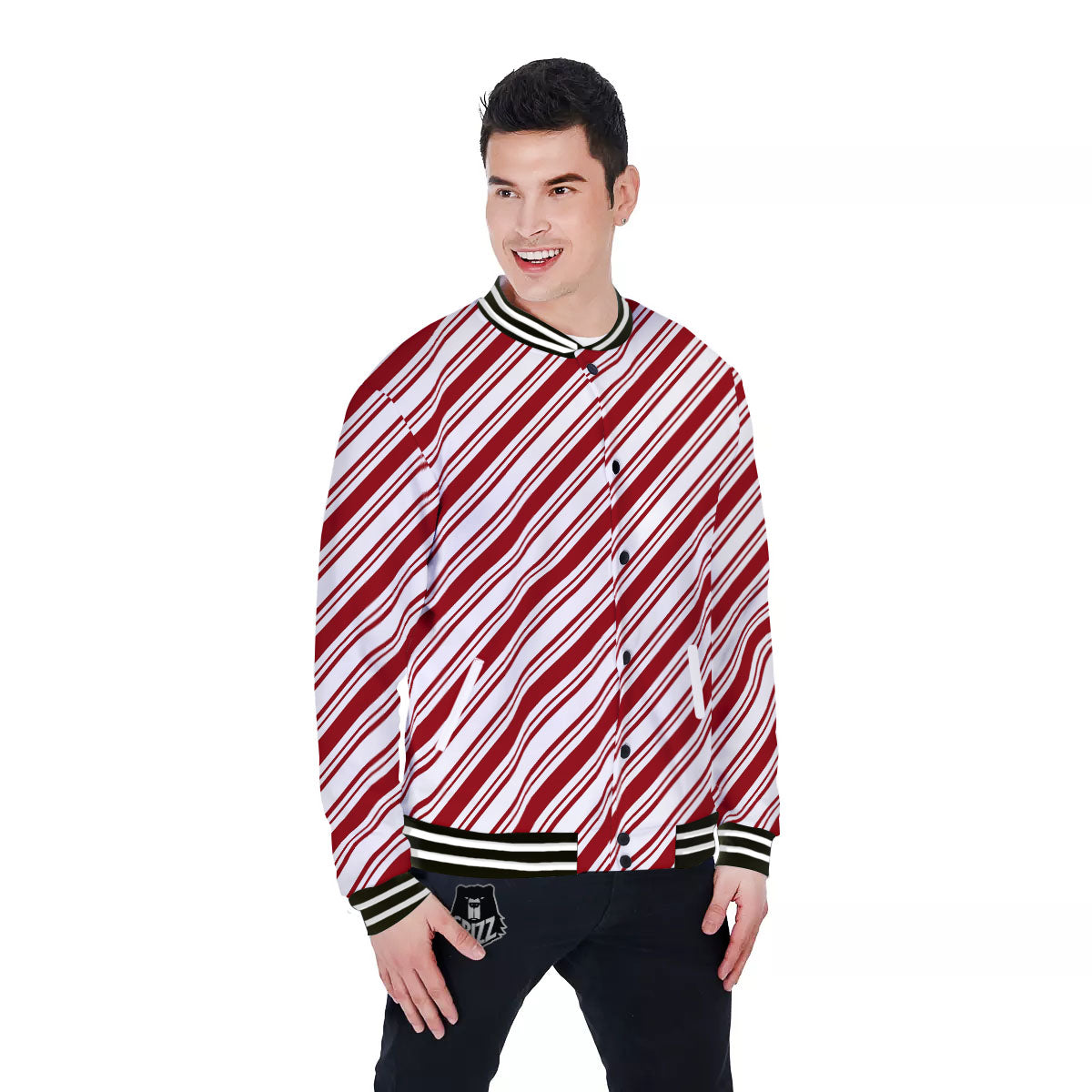 Stripes Xmas Candy Cane Print Pattern Baseball Jacket-grizzshop