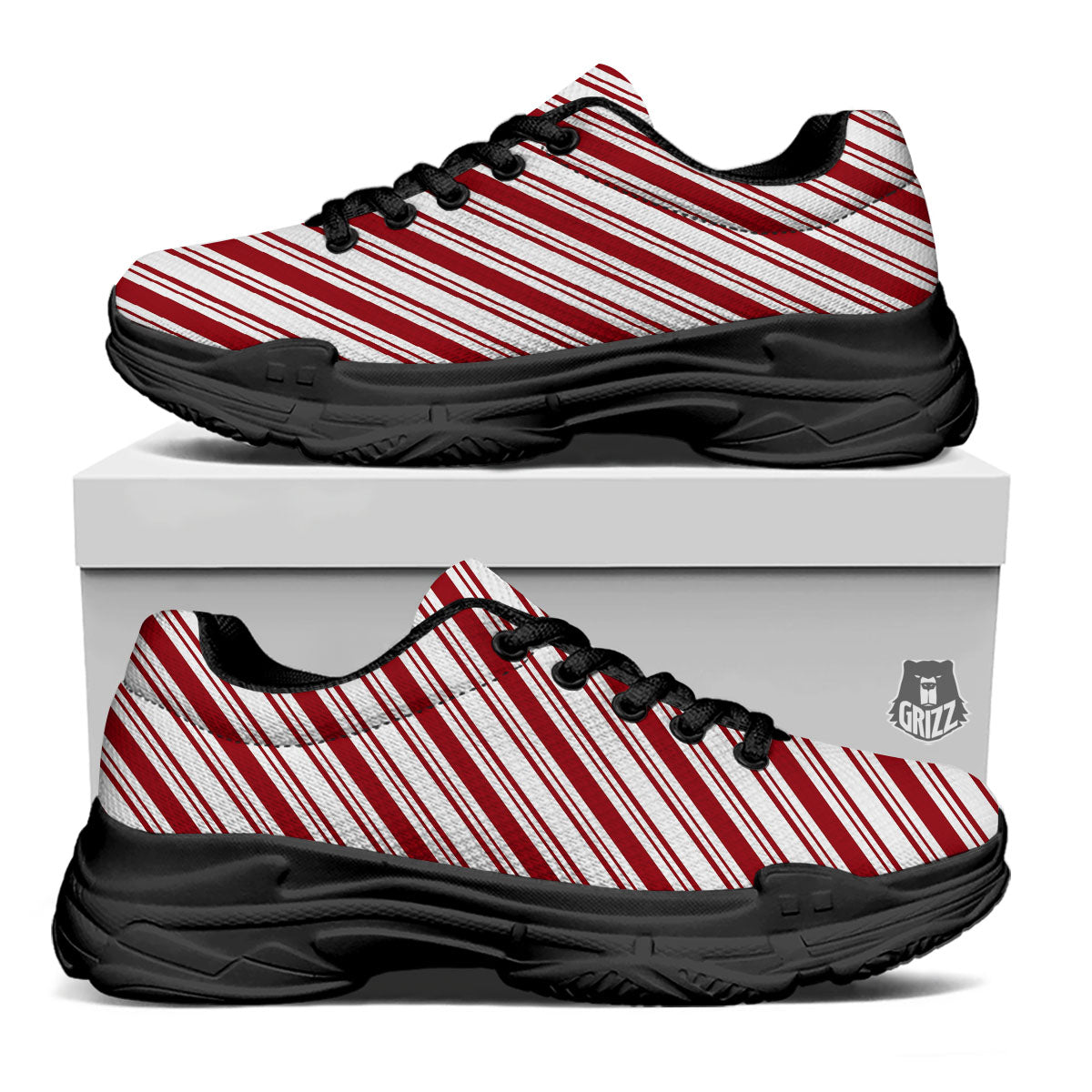 Stripes Xmas Candy Cane Print Pattern Black Chunky Shoes-grizzshop