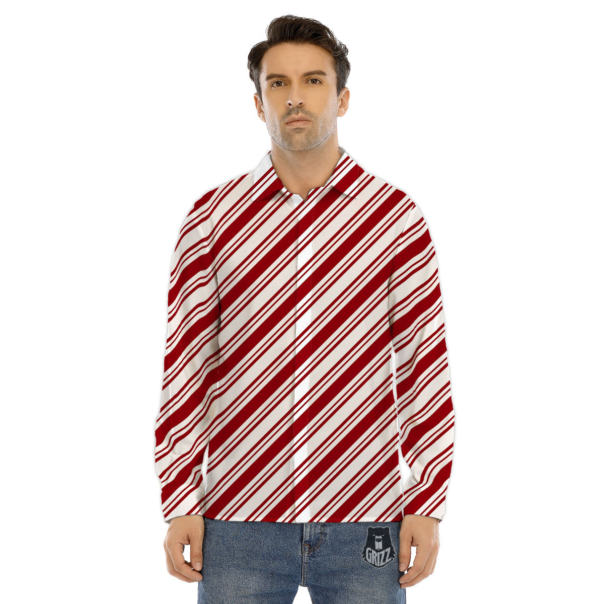 Stripes Xmas Candy Cane Print Pattern Men's Dress Shirts-grizzshop