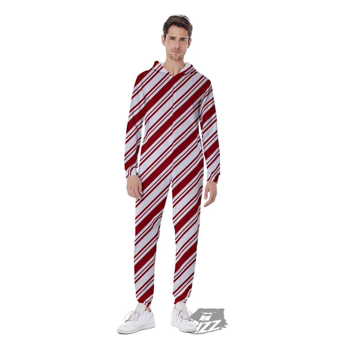 Stripes Xmas Candy Cane Print Pattern Men's Jumpsuit-grizzshop