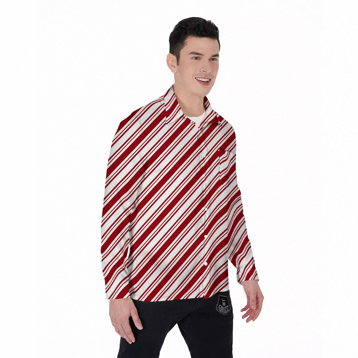 Stripes Xmas Candy Cane Print Pattern Men's Long Sleeve Shirts-grizzshop