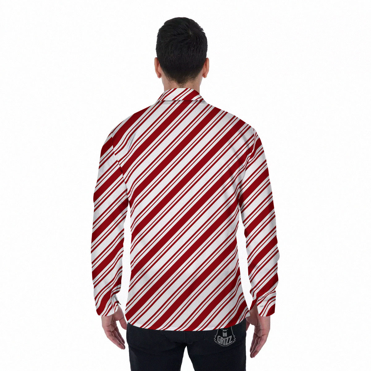 Stripes Xmas Candy Cane Print Pattern Men's Long Sleeve Shirts-grizzshop