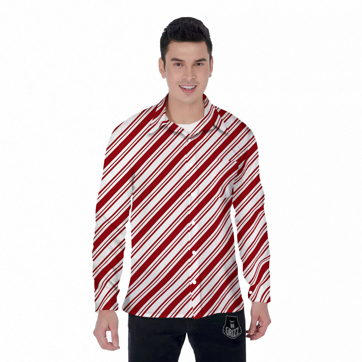 Stripes Xmas Candy Cane Print Pattern Men's Long Sleeve Shirts-grizzshop