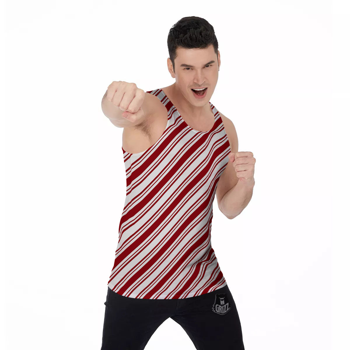 Stripes Xmas Candy Cane Print Pattern Men's Tank Top-grizzshop