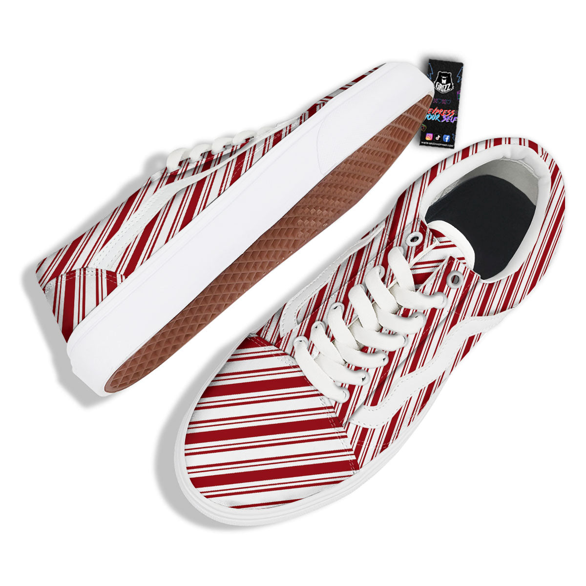 Stripes Xmas Candy Cane Print Pattern Skate Shoes-grizzshop