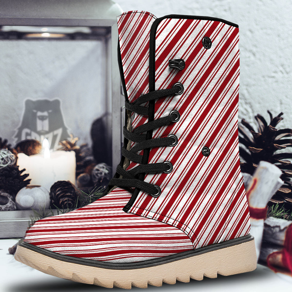 Stripes Xmas Candy Cane Print Pattern Snow Boots-grizzshop