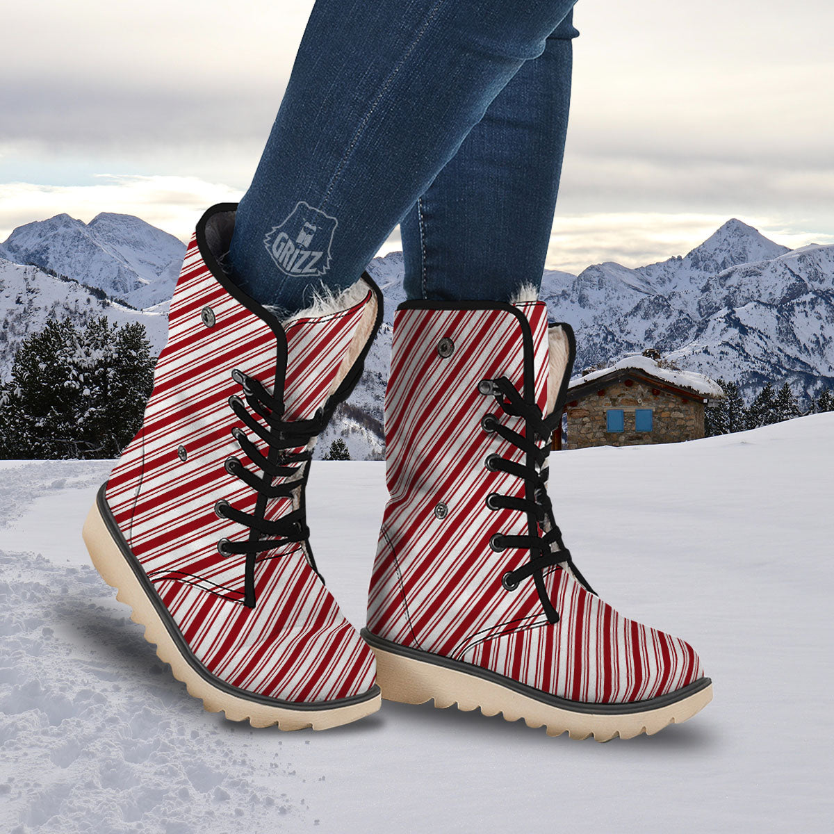 Stripes Xmas Candy Cane Print Pattern Snow Boots-grizzshop