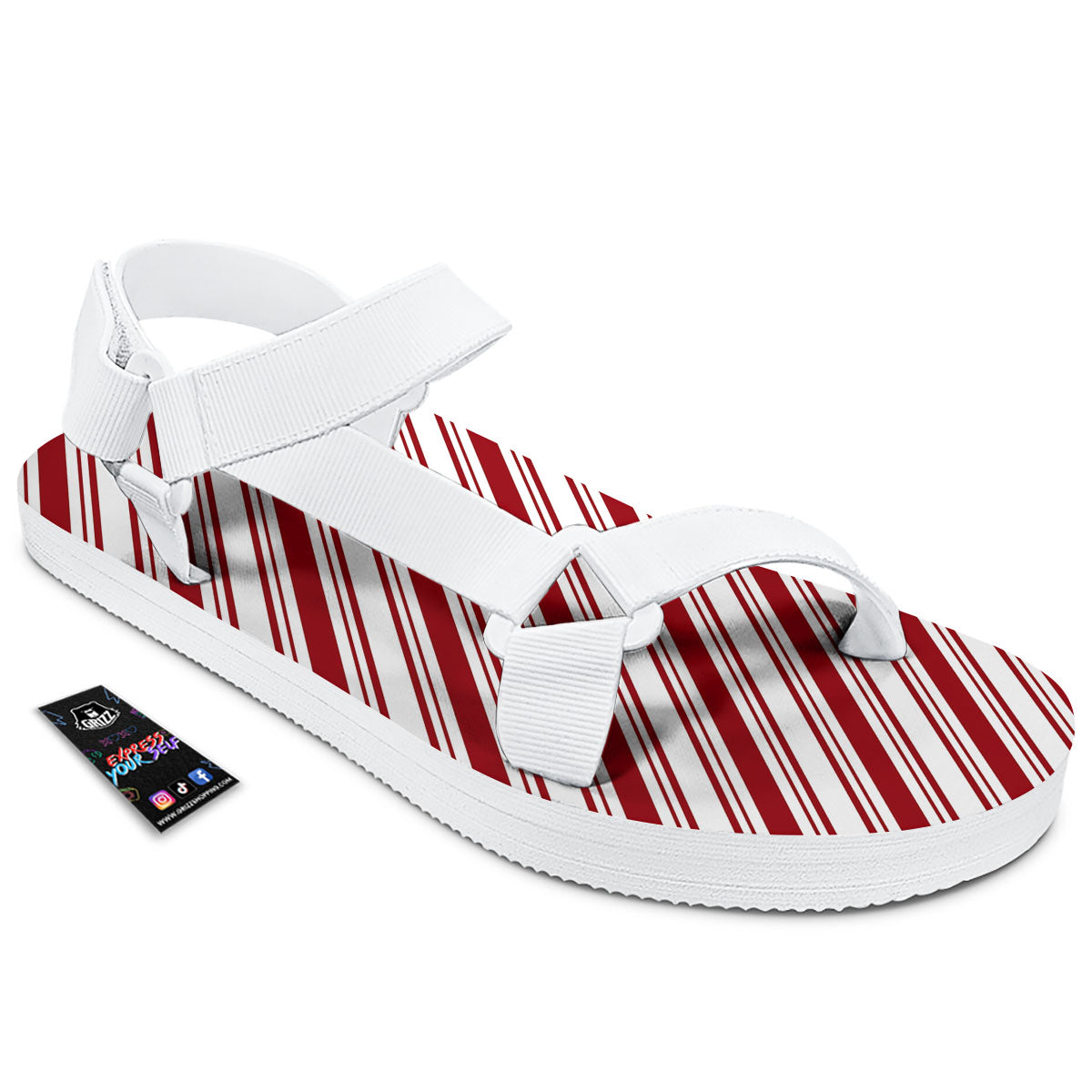Stripes Xmas Candy Cane Print Pattern White Open Toe Sandals-grizzshop