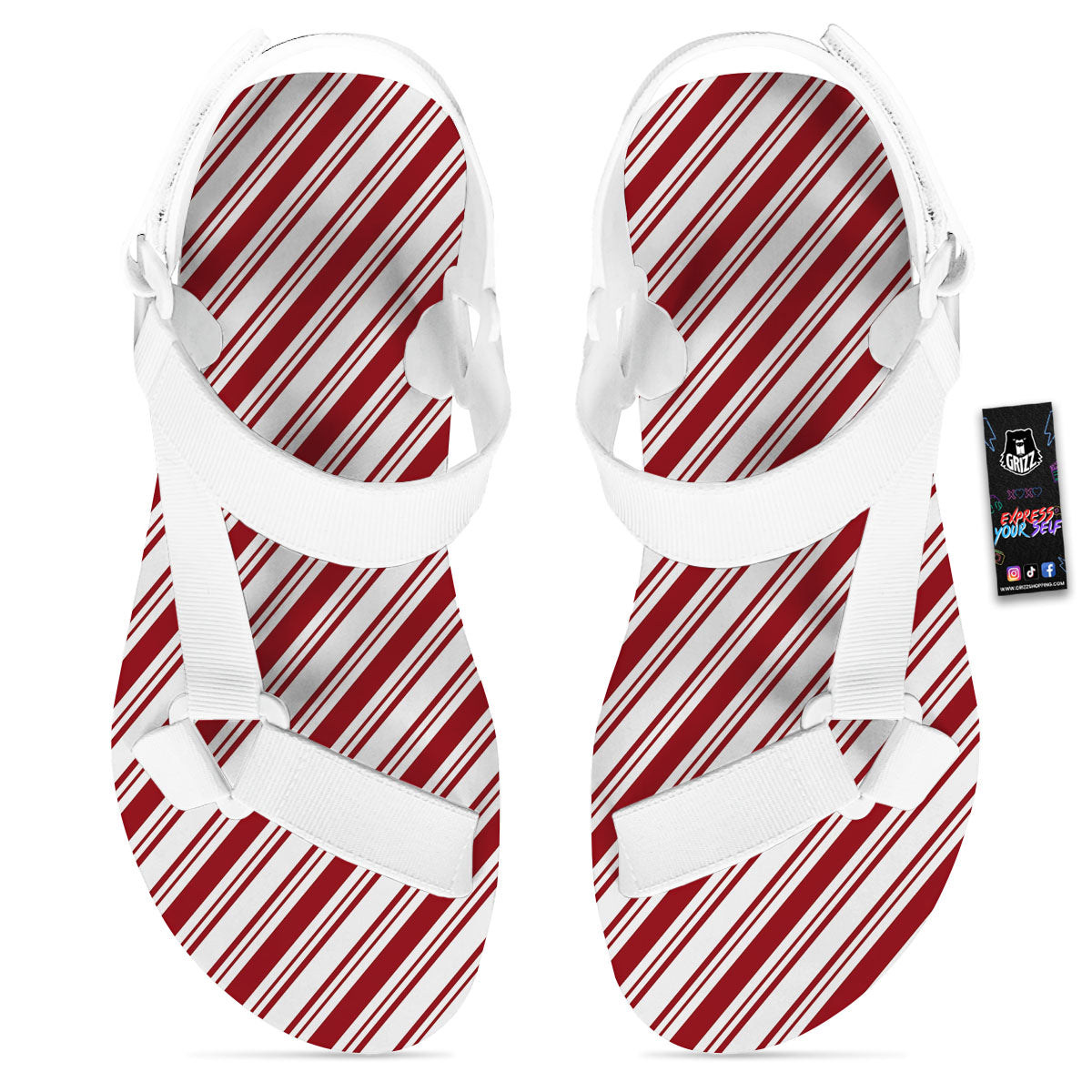 Stripes Xmas Candy Cane Print Pattern White Open Toe Sandals-grizzshop