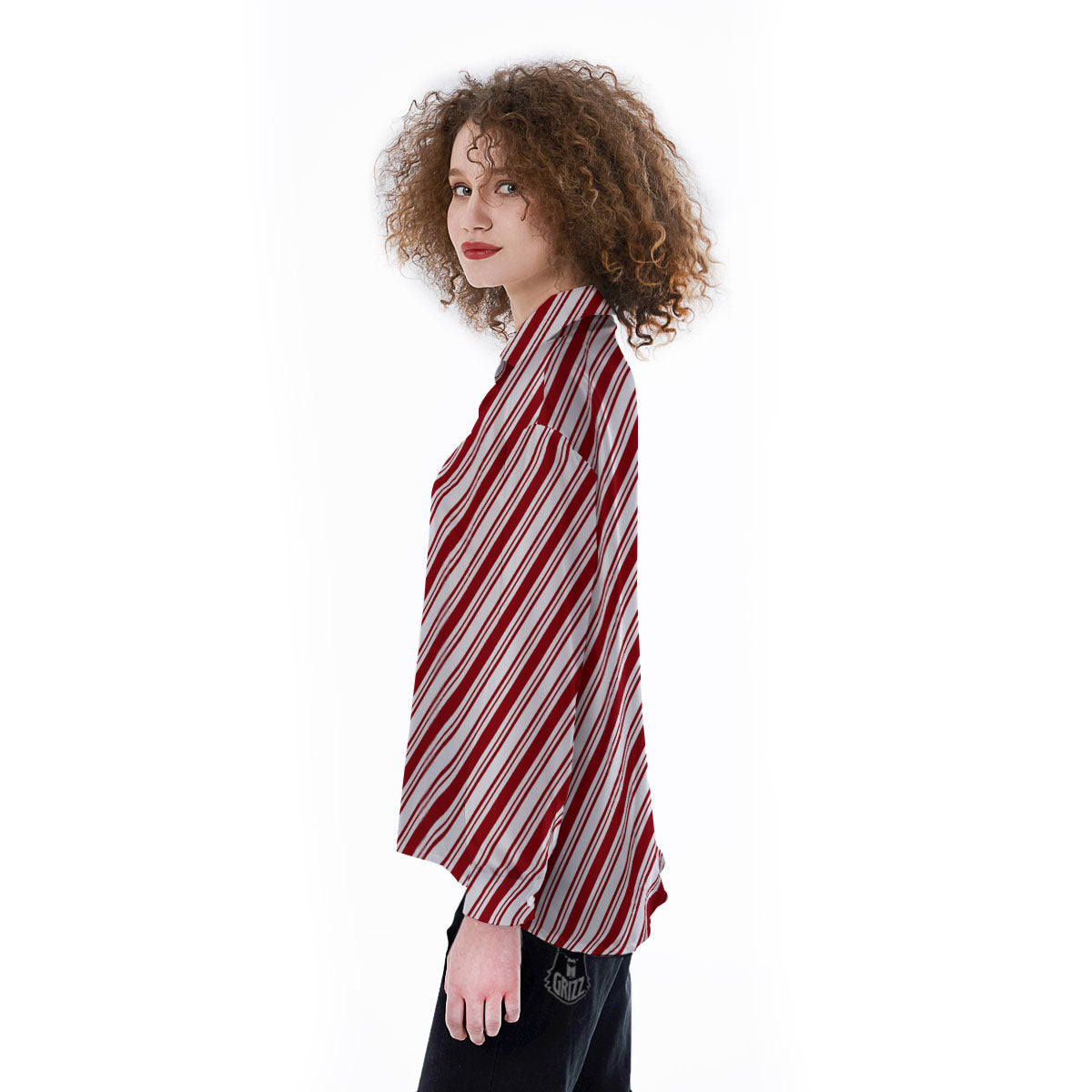 Stripes Xmas Candy Cane Print Pattern Women's Long Sleeve Shirts-grizzshop