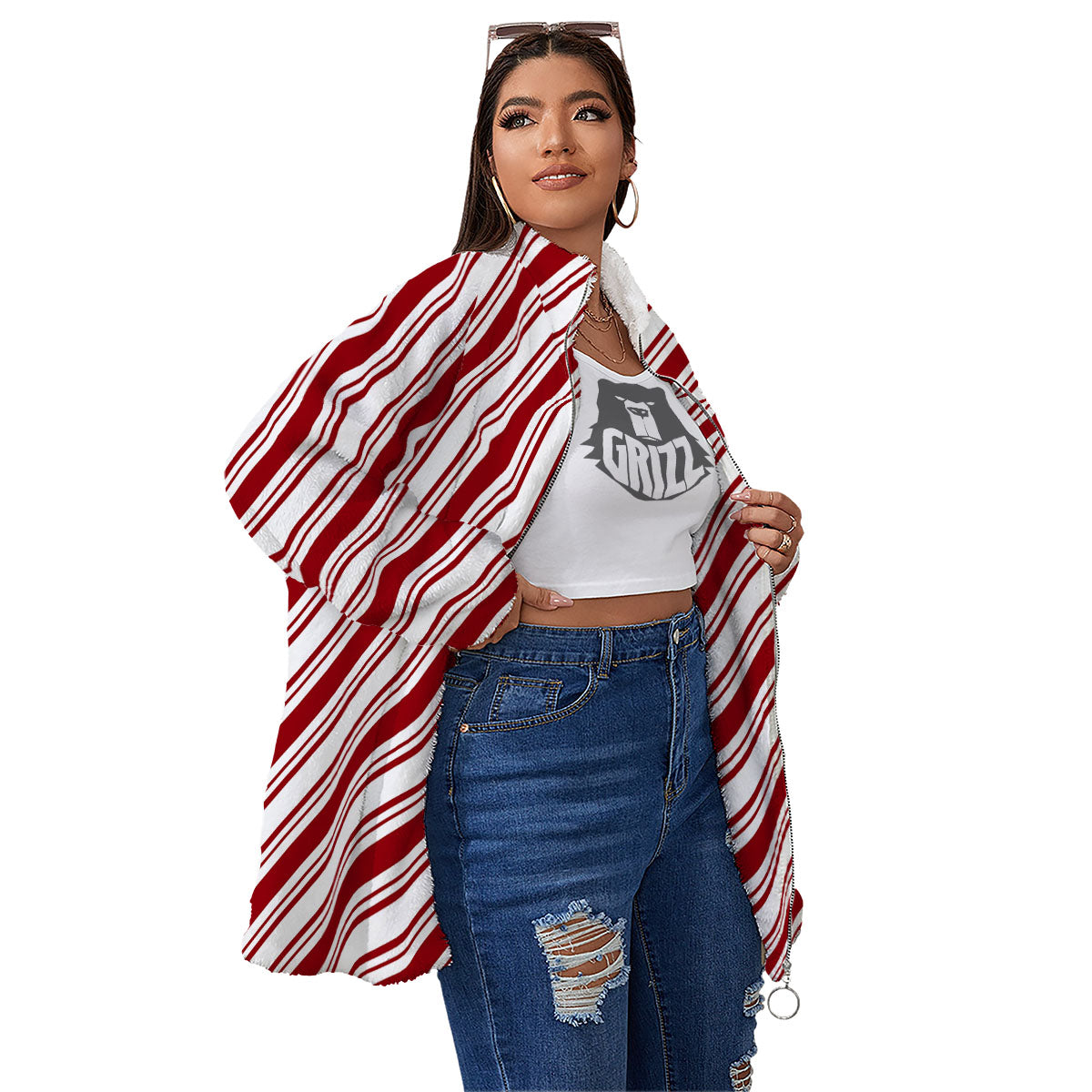 Stripes Xmas Candy Cane Print Pattern Women's Sherpa Jacket-grizzshop