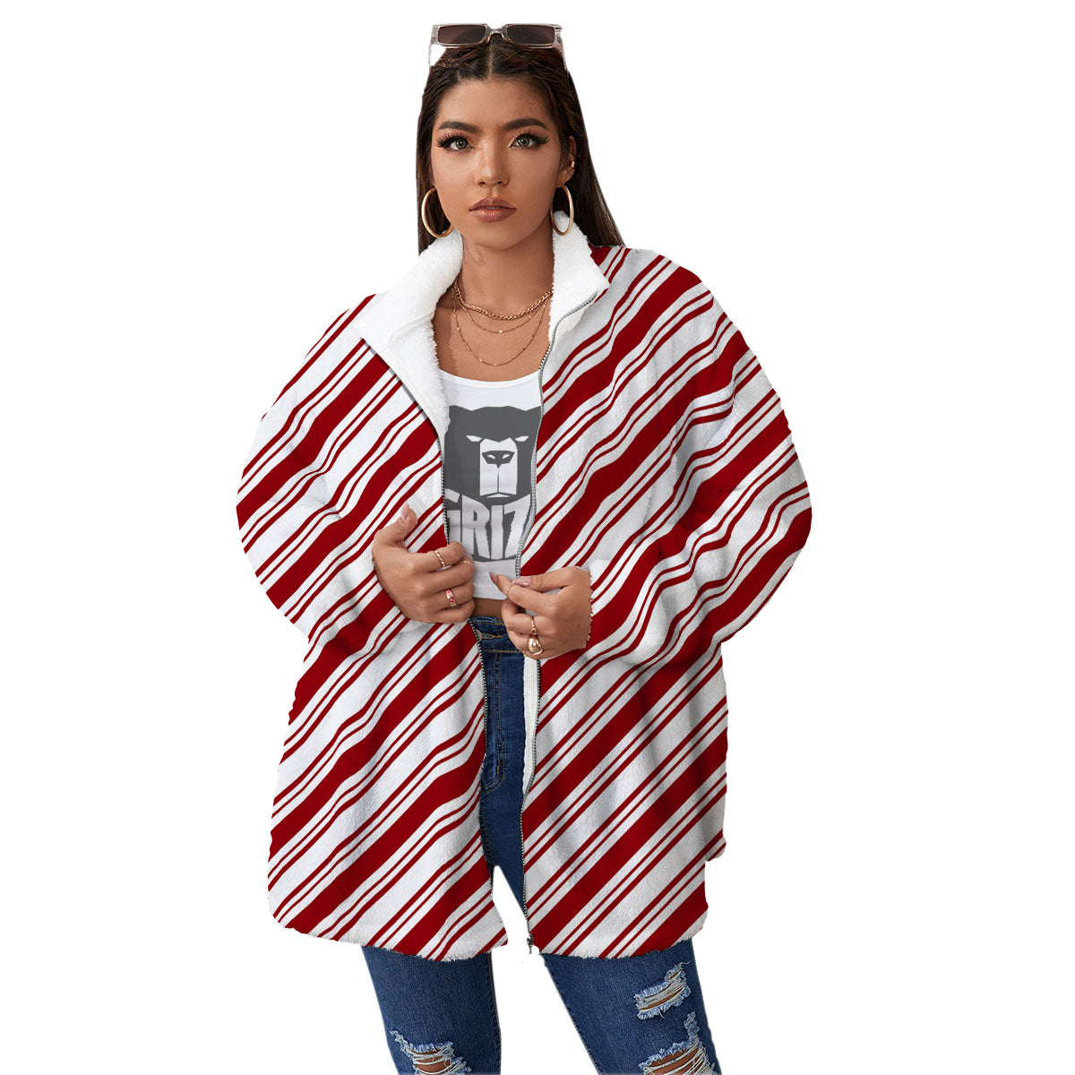 Stripes Xmas Candy Cane Print Pattern Women's Sherpa Jacket-grizzshop