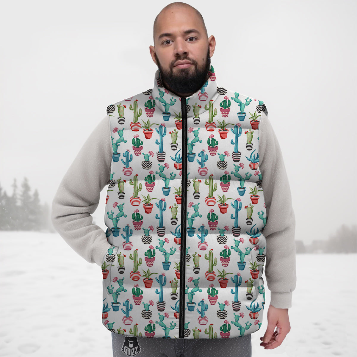Succulent And Cute Cactus Print Down Vest
