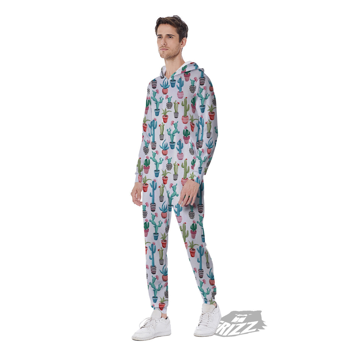 Succulent And Cute Cactus Print Men's Jumpsuit-grizzshop
