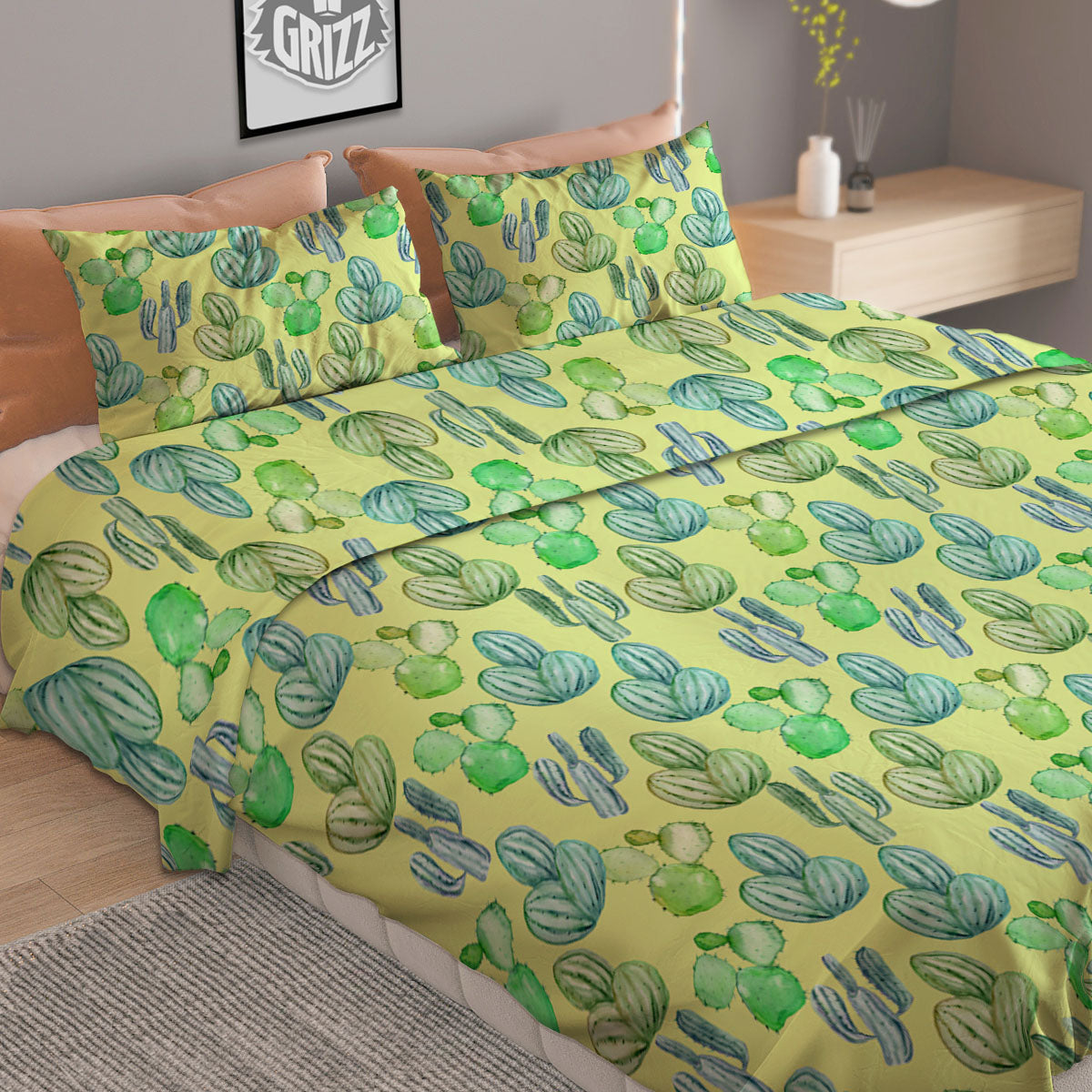 Succulent And Pastel Cactus Print Duvet Cover Bedding Set
