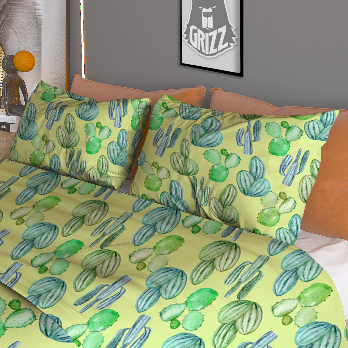 Succulent And Pastel Cactus Print Duvet Cover Bedding Set